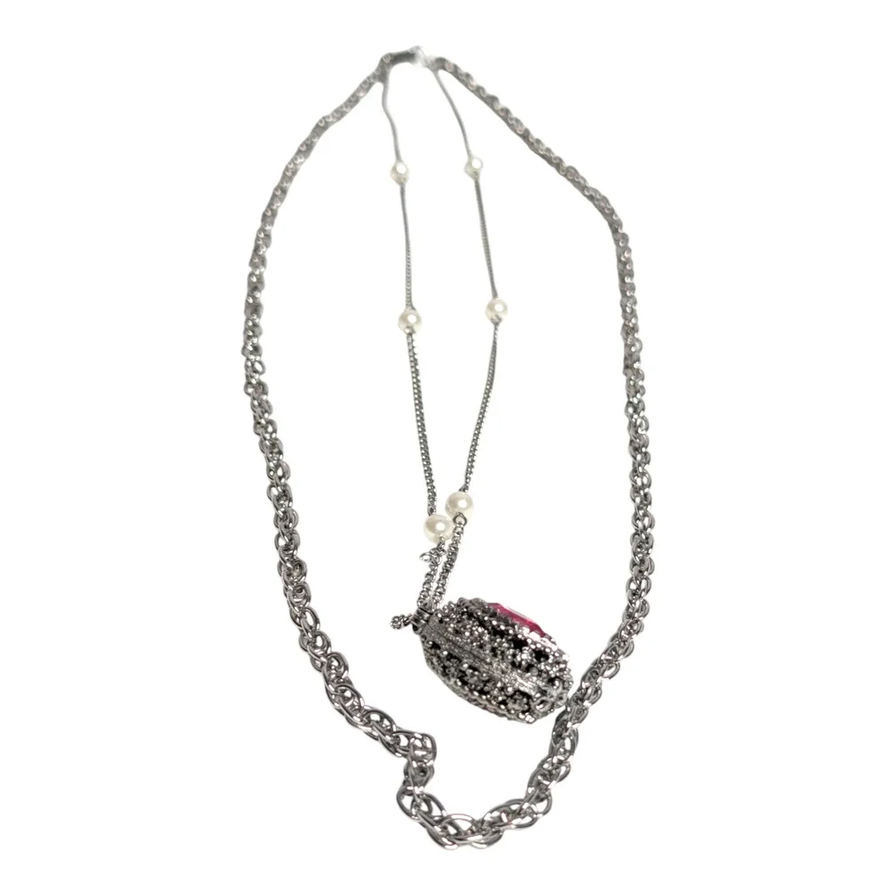 Vintage Style Layered Necklace Pink Rhinestone Marquise Pendant‎ Pearl Accents - Picture 8 of 9